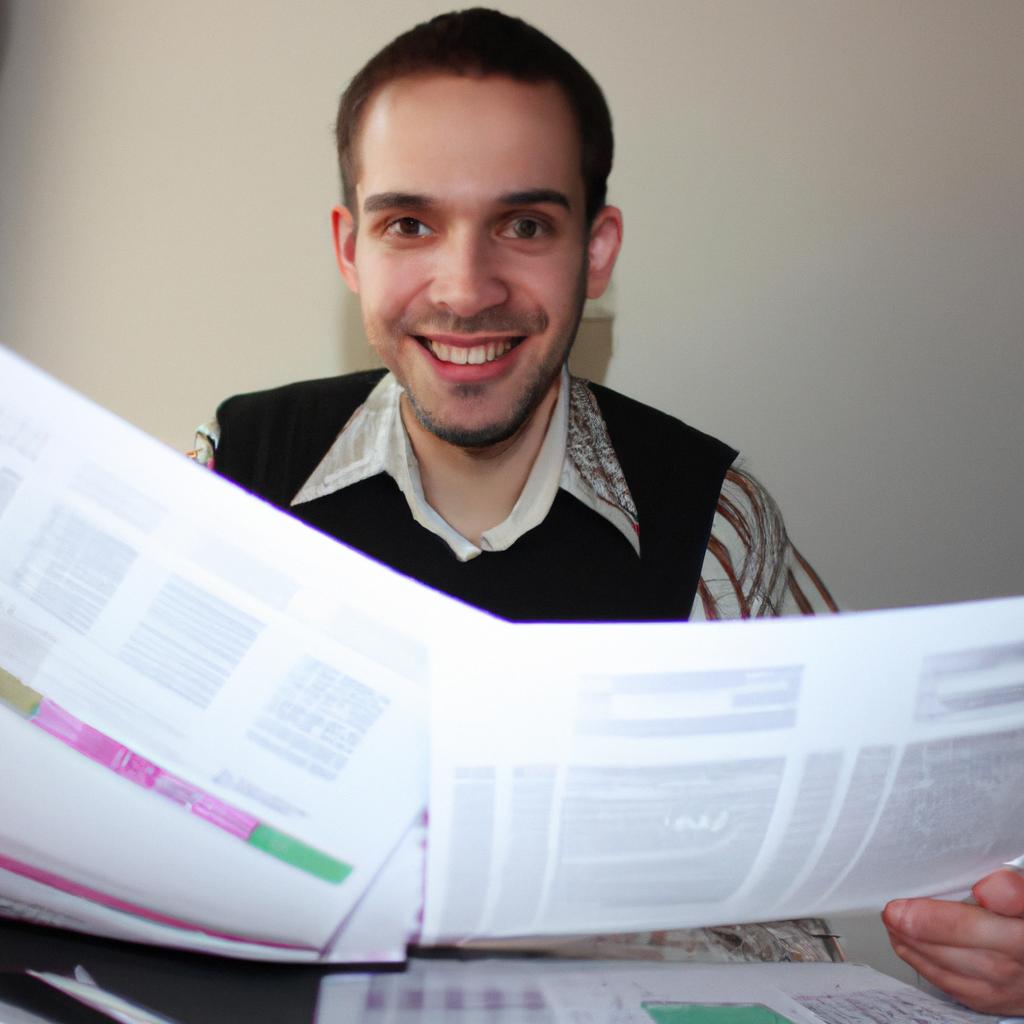 Person reading financial documents, smiling